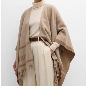 MaxMara Two-Tone Wool Logo Poncho in Beige and Cream